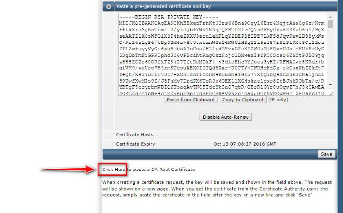 Click vào dòng chữ “Click Here to paste a CA Root Certificate” 